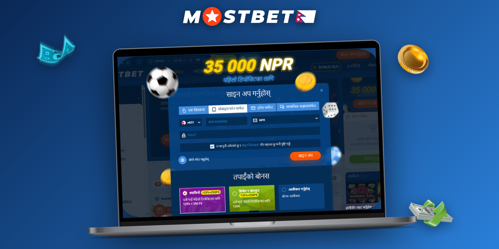Mostbet affiliate sign-up banner featuring Nepal cricket football and casino icons