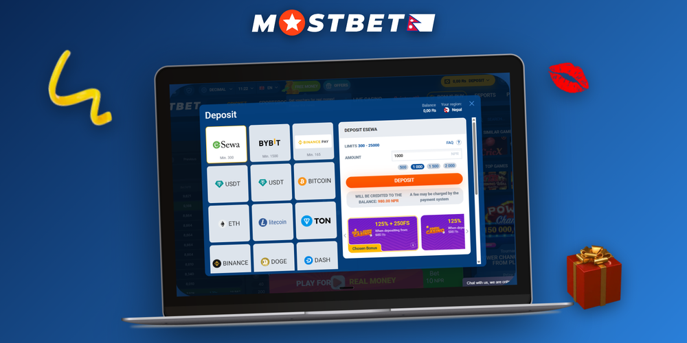 Mostbet deposit cashier screen showing eSewa, Khalti, Visa and USDT methods with NPR amount field