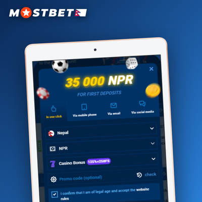 Mostbet one-click registration with NPR currency and Nepal flag accent